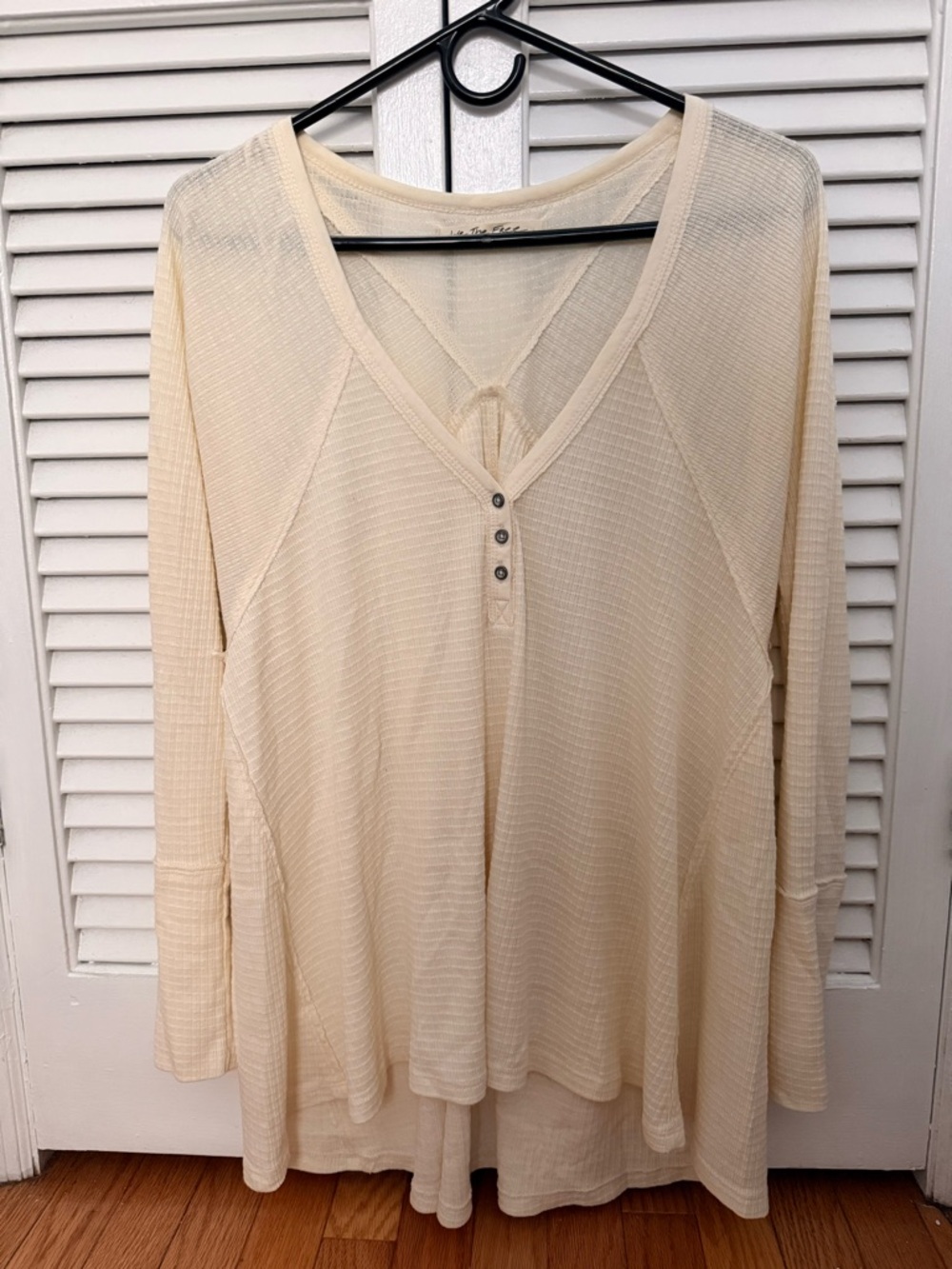 Free People Cream Lightweight Waffle Henley Long Sleeve Top